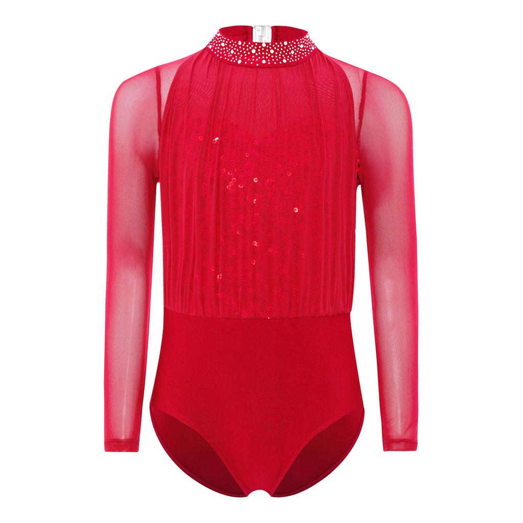 Girls Dance Leotard Long Sleeve Keyhole Back Design Sequins Rhinestones Sheer Mesh Figure Skating Outfit