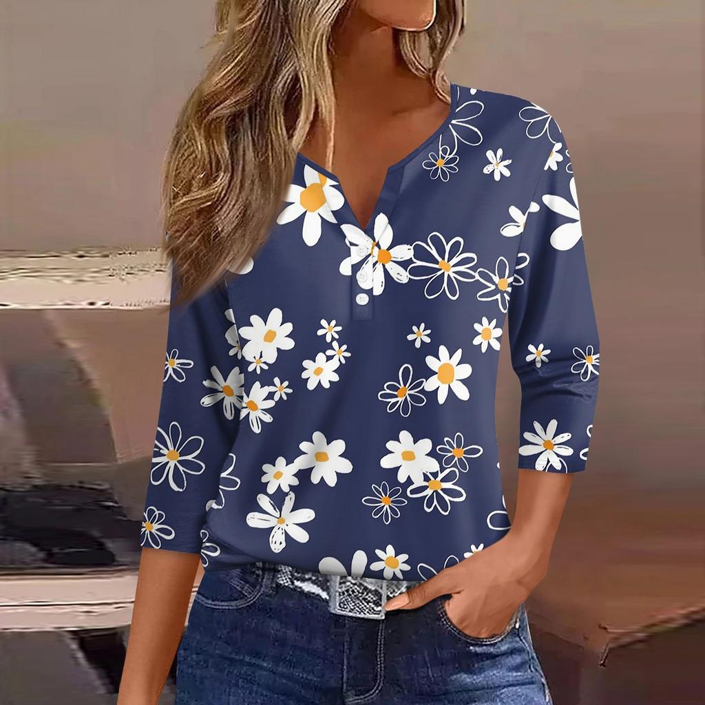 Жен. Футболка Футболка С принтом Пуговицы Рукав 3/4 Повседневные Выходные Мода Классический Классический V-образный вырез Обычный Верх