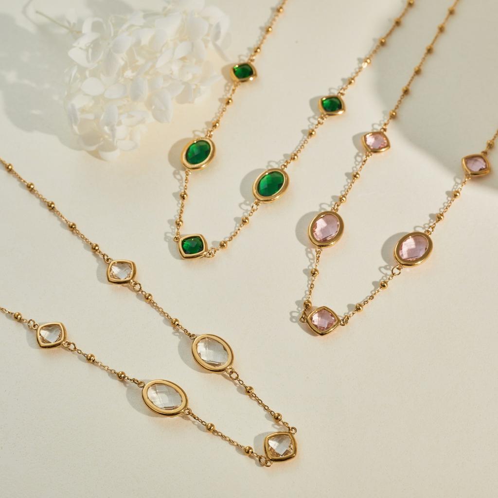 GEMCHIC Женское многослойное геометрическое ожерелье с драгоценными камнями, позолоченная нержавеющая сталь, модная цепочка на ключицу