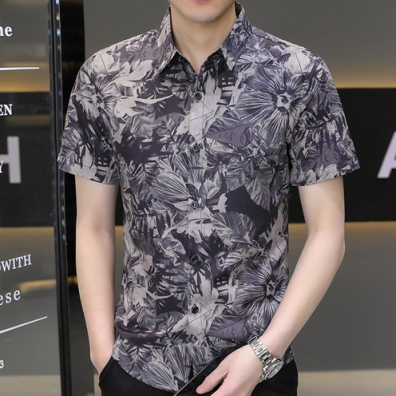 Shirt Men's Versatile Summer Trend Summer Gang Handsome Short-sleeved Ice Silk Shirt Short-sleeved Thin Section of Men's Casual Tops