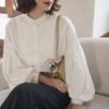 HOUZHOU Puff Sleeve White Shirt Women Retro Preppy Style Baggy Round Neck Single Breasted Elegant Tops