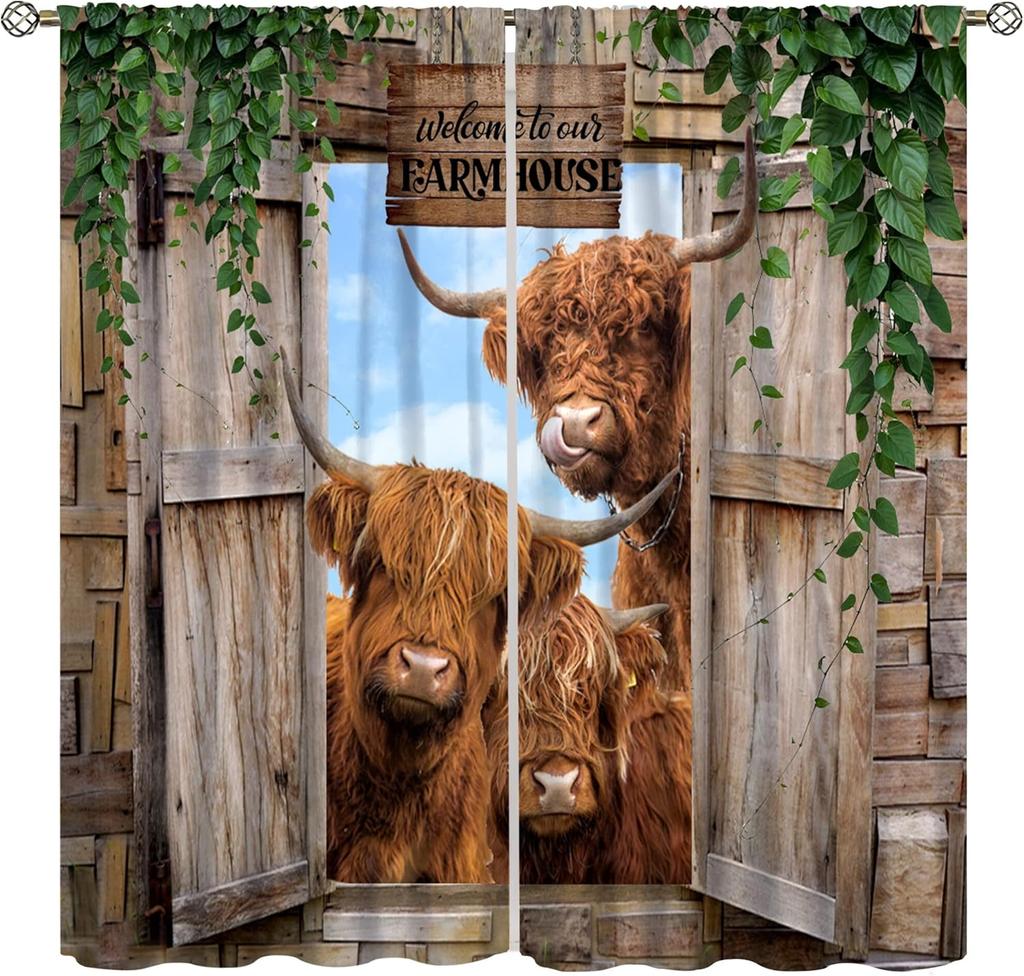 Highland Cow Curtains, Country Farm Animal Cow Window Treatments for Farmhouse Kitchen, Western Wildlife Bull Sunflower Print