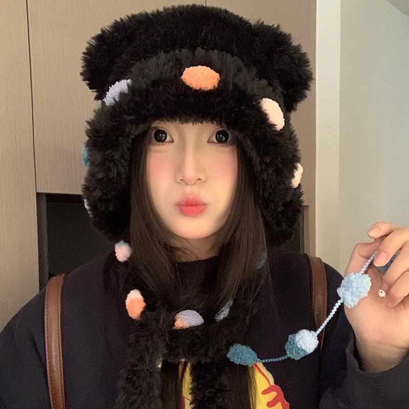Теплая плюшевая шапка с ушками медведя и кошачьим бантом для женщин – защита ушей на осень/зиму с открытым лицом
