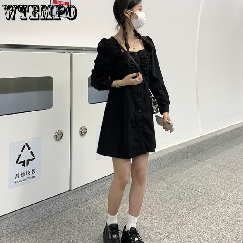 Женский темперамент ретро платье с квадратным воротником плиссированное однобортное корейское платье-костюм А-силуэта с длинными рукавами