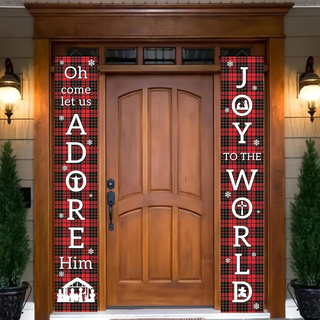 Joy To The World Door Banner 71 X 12 Inch Red Black Plaid Vertical Hanging Porch Decoration Front Door Hanging Sign Holiday Party Entryway Fireplace