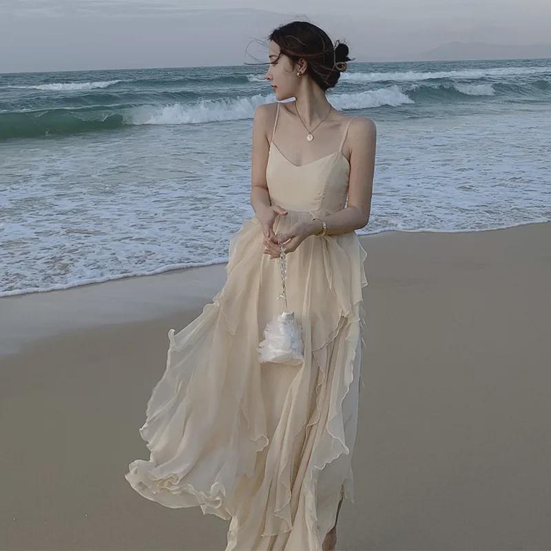 Женское летнее пляжное платье 2021 года из шифона - корейский стиль Fairy Seaside Holiday Maxi