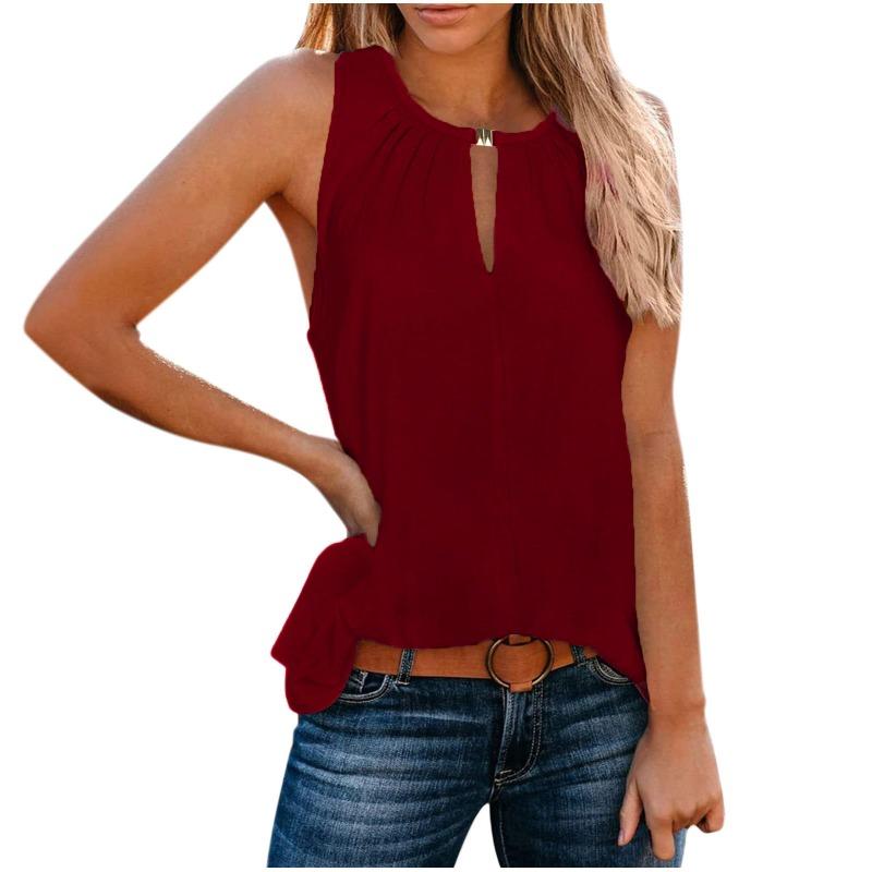VEZFAA Women's Fashion Casual Summer Spring Solid Color Print Sleeveless V-Neck Blouses & Shirts