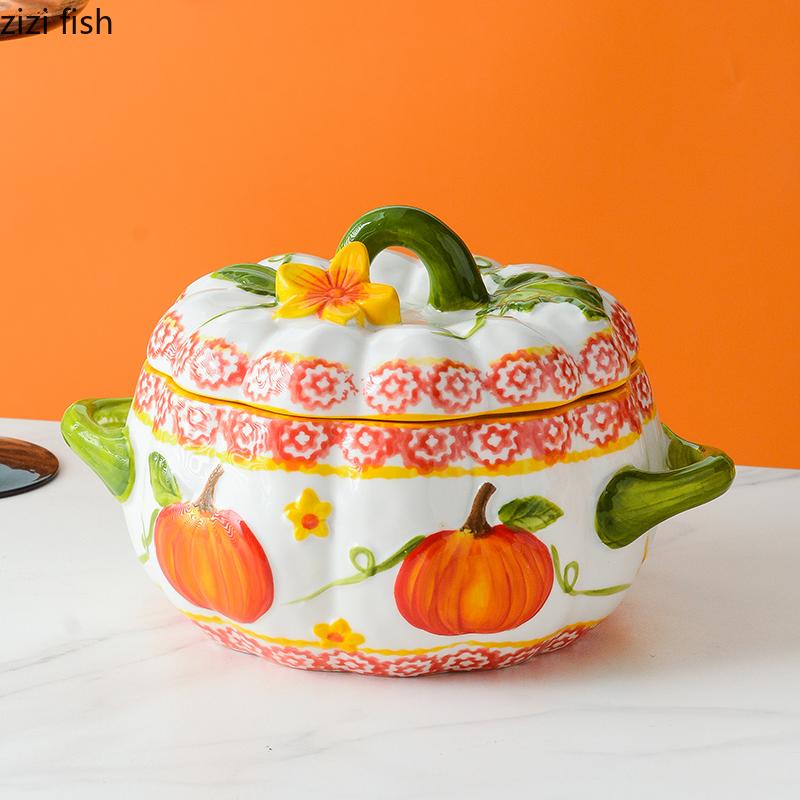 Керамическая миска с двумя ручками и крышкой Суповые миски для тыквенного супа Свиной масленка Контейнер для хранения Горшок для тушения Обеденная тарелка Десертная миска Миски для лапши
