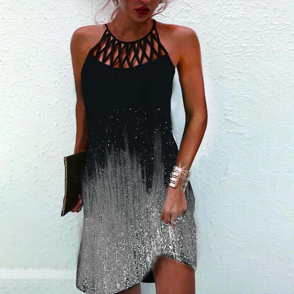 Модное винтажное платье с полым вырезом и тонким рукавом с круглым вырезом и принтом