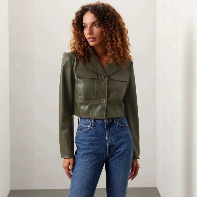 Olive Green Faux Leather Short Biker Jacket Women Turn-Down Collar Double Button High-Waisted Streetwear Style