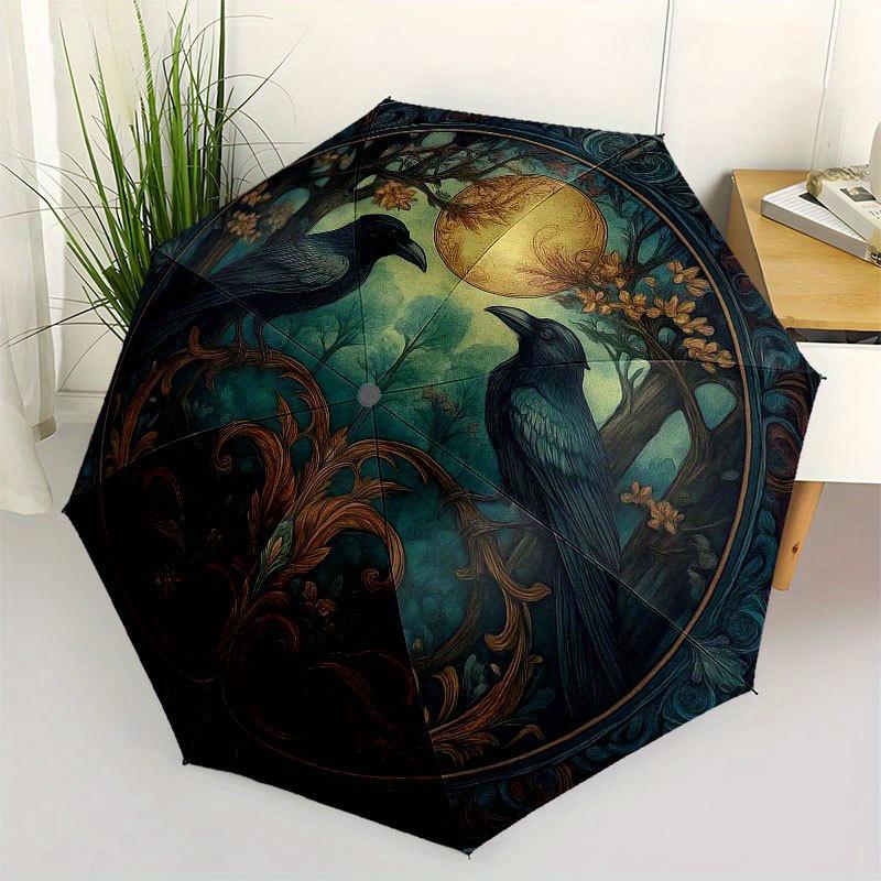 Raven Moonlit Forest Wall Art: Mystical Circular Decor Umbrella, Portable 3-Fold Compact Umbrella for Men & Women R142