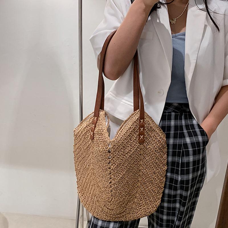 Summer Straw Bucket Shoulder Bag Women Large Capacity Beach Bags Vacation Rattan Tote Bag