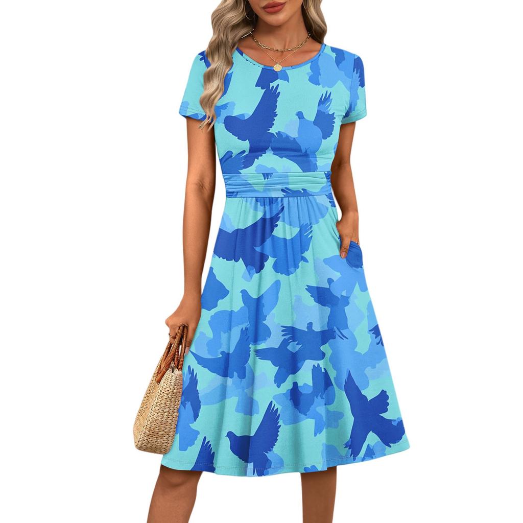Женское повседневное модное платье миди А-силуэта с круглым вырезом, плиссированными короткими рукавами и цветочным принтом