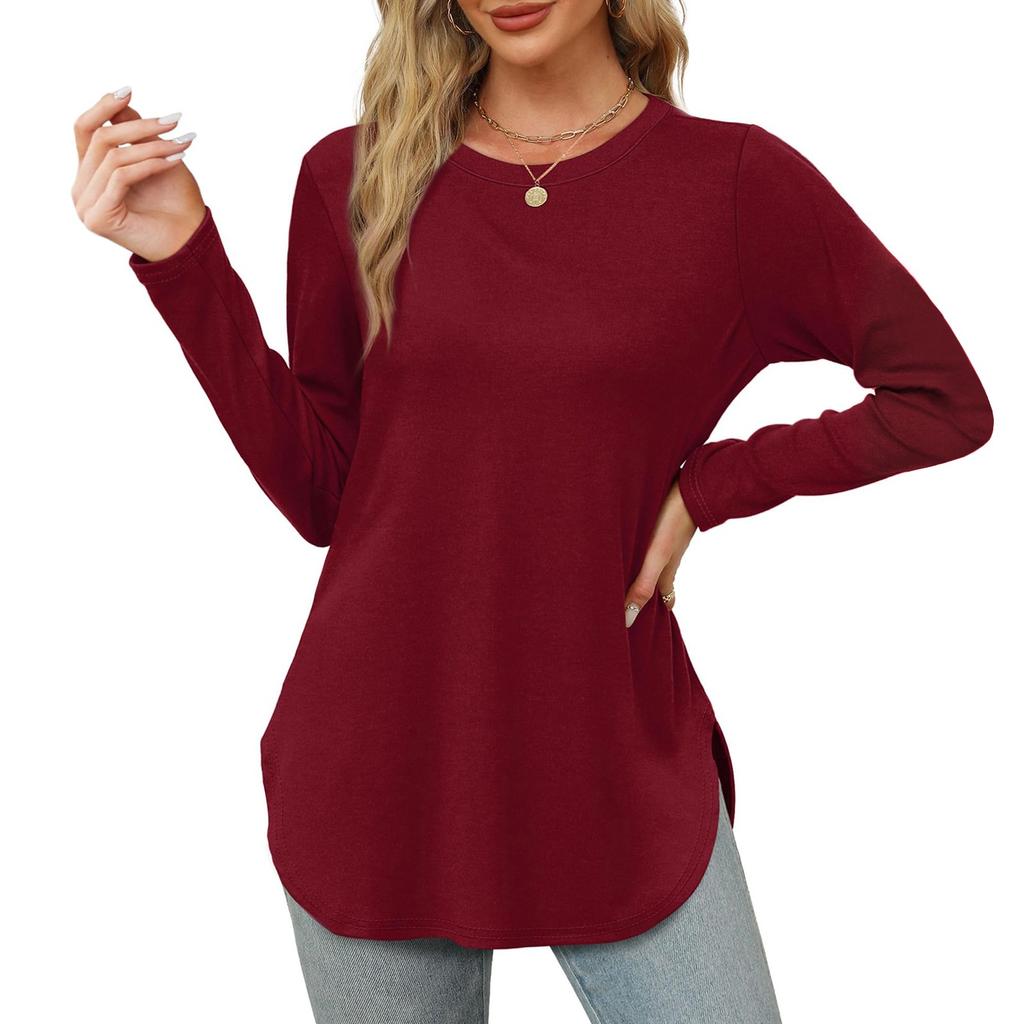 Womens Long Sleeve Round Neck Shirts Side Split Basic Loose Tunic Tops Casual Shirts