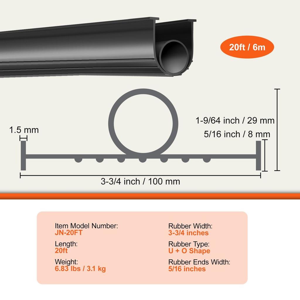 Garage Door Seals Bottom Rubber, U Shape +O Ring Combination Garage Door Bottom Weather Seal, 20ft Weatherproofing Garage Door Seal, 5/16 inch T-ends