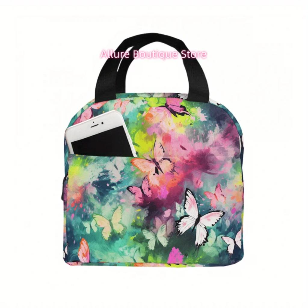 1pc 2D Printing Pink Desserts Pattern Portable Insulated Lunch Bag, Reusable Large-Capacity Picnic Box, Waterproof Handbag, Suit