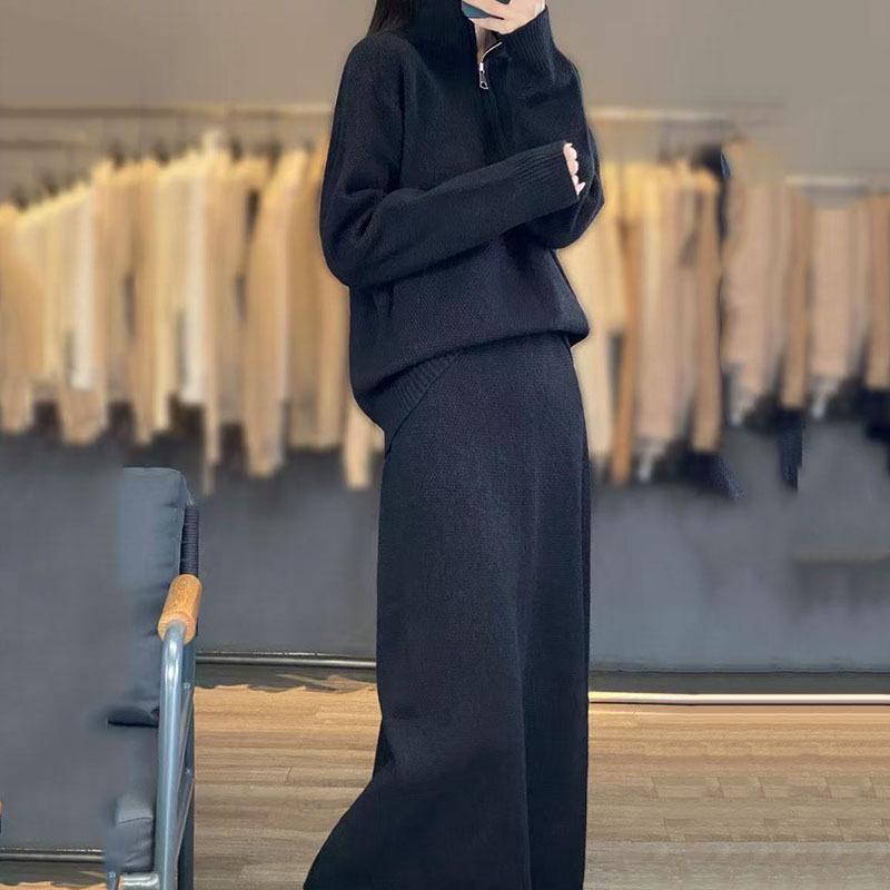 Вязаный комплект из двух частей на молнии с высоким воротником Осень/Зима 2025 с топом с длинными рукавами и юбкой выше колена