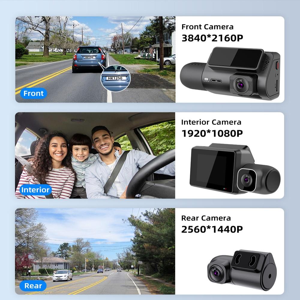 2Inch 4K+2K+1K 4K 3 Channel Dash Cam Dashcam Front and Rear Inside Interior WIFI GPS Night Vision Parking Monitor for Car