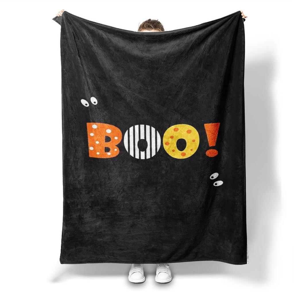 Boo Print Flannel Throw Blanket Black Fleece with Colorful Letters Soft Cozy for Home Office Sofa and Car All Season Gift