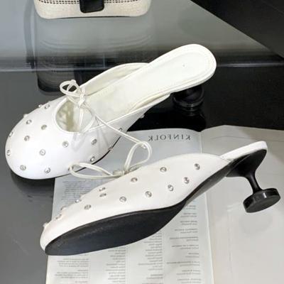 Модная Роскошная Обувь на Высоком Каблуке с Бантом из Стразов для Женщин, Круглый Носок, Тонкий Каблук, Дизайнерские Шлепанцы, Модные Неглубокие Удобные Женские Сандалии