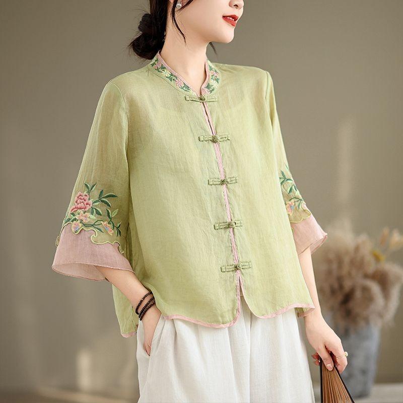 Летняя хлопково-льняная литературная ретро вышитая рубашка женский кардиган-рубашка на пуговицах топ три четверти национальный стиль свободный и приталенный