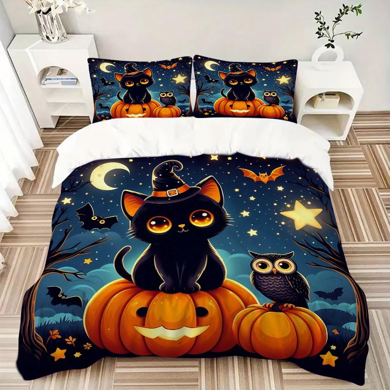 3pcs Starry Sky Cat and Owl Halloween Print Cover Set Ultra Soft, Breathable, and Comfortable Bedding with Stylish Design for Bedroom and Guest R