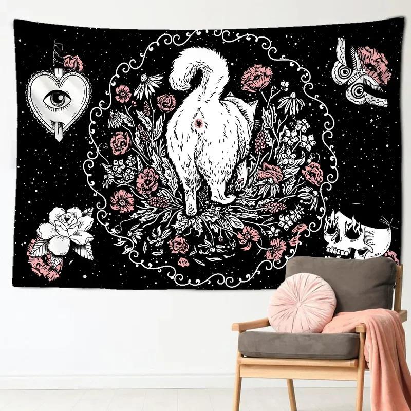 VIKAMA Witch Cat Tapestry Mystic Moon Star Wall Art Esoteric Divination Art Suitable for Living Room or Bedroom
