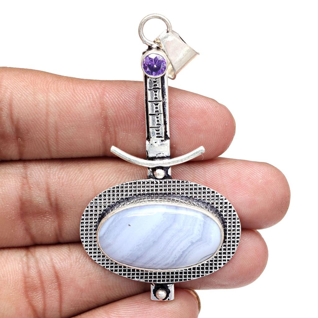 Голубой кружевной агат Аметист Драгоценный камень День матери Серебряное ювелирное изделие Кулон 2.5"