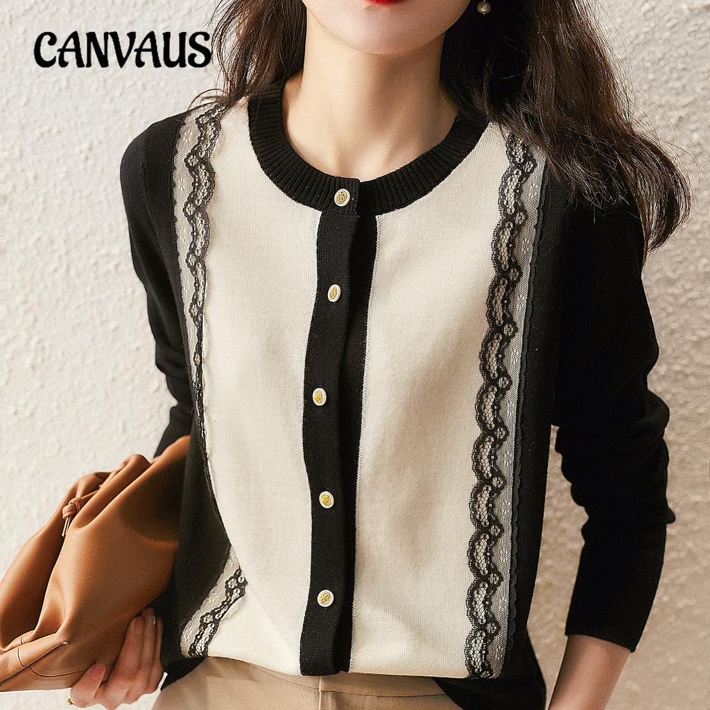 Autumn Women's Sweater Long Sleeve Top Slim Lace Splicing Round Neck Knitted Cardigan