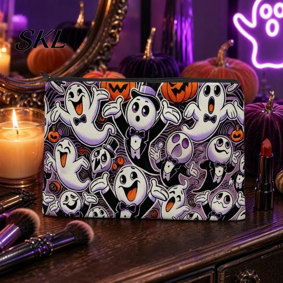 Portable Storage Bag Halloween Bag, with Colorful Cartoon Ghost Print, Durable Canvas Pouch Makeup Zipper Large Capacity Lightweight Travel