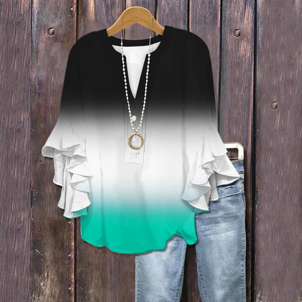 Летние топы для женщин Милые блузки с V-образным вырезом и рукавом 3/4 Принтованный топ Повседневные рубашки