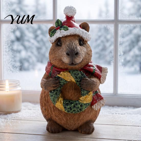 Small Garden Statues for Balcony Christmas Capybara Resin Figurine, Statue with Santa Hat Scarf Wreath, Cozy Interior Decor Pieces Cute Tabletop