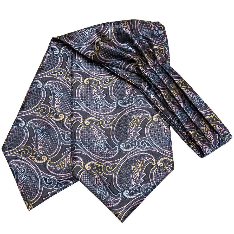Hi-Tie Fashion Designe Mens Silk Ascot Tie Set Grey Paisley Ascot Tie with Handkerchief Cufflinks