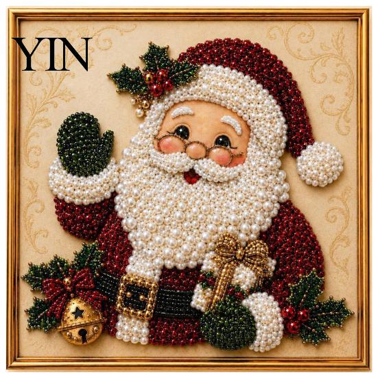 Christmas Tabletop Ornament Crafts DIY Faux Pearl Painting Art Kit with Frame, Santa Holiday Projects for Family Beads Craft Adults Beginner, Handmade