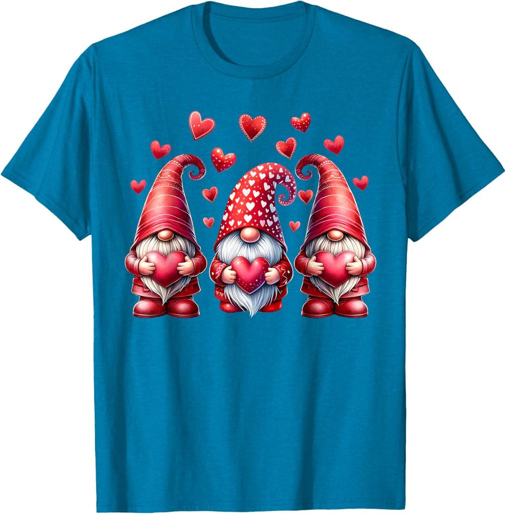 Pink Valentine Gnomes with Hearts Graphic Print Cotton T-Shirt Casual Daily Tee for Women Men