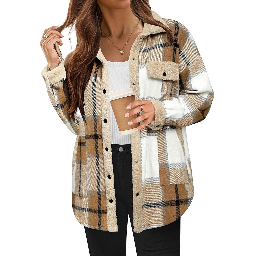 Women Long Sleeve Pullover Casual Plaid Shacket Jackets Fuzzy Fleece Button Down Open Front Jackets Outfits