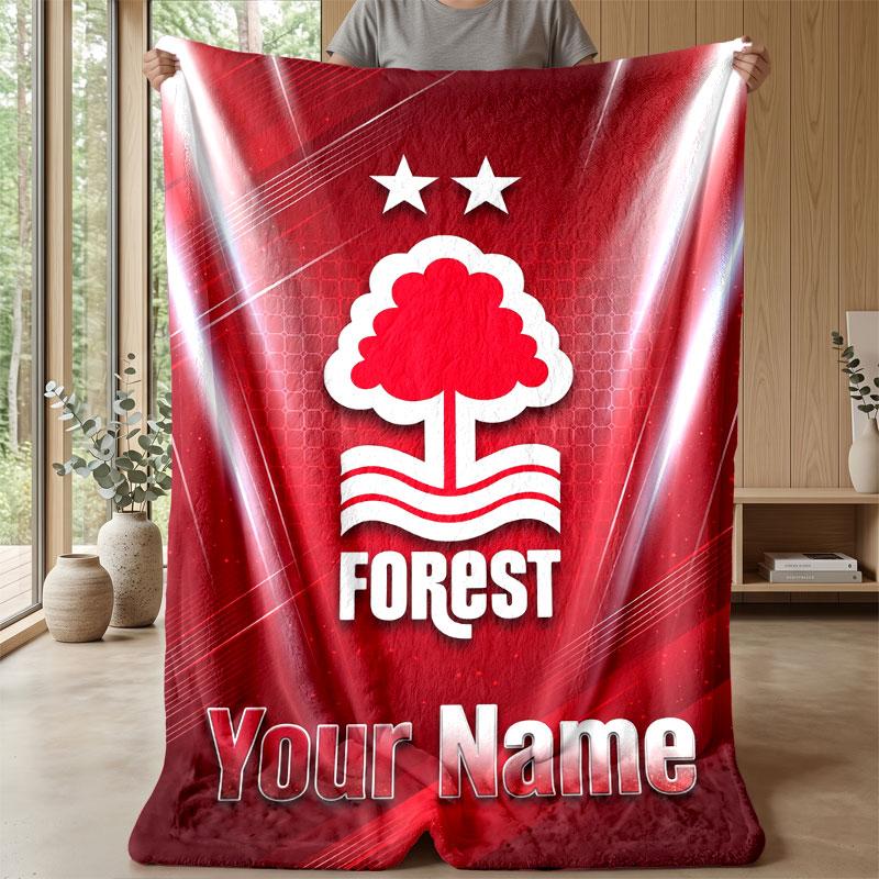 Nottingham Forest FC Custom Name Text Flannel Blanket Soccer Logo Personalized Fleece Throw Blanket Special Gift For Sofa Bedroom Home