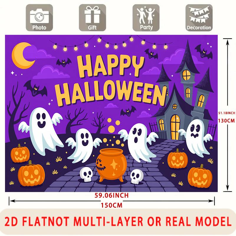 Party Backdrop Halloween Castle Purple Flat Ghosts Pumpkins Multi Layered Celebrations Event Backdrop Decoration Front Door Decor