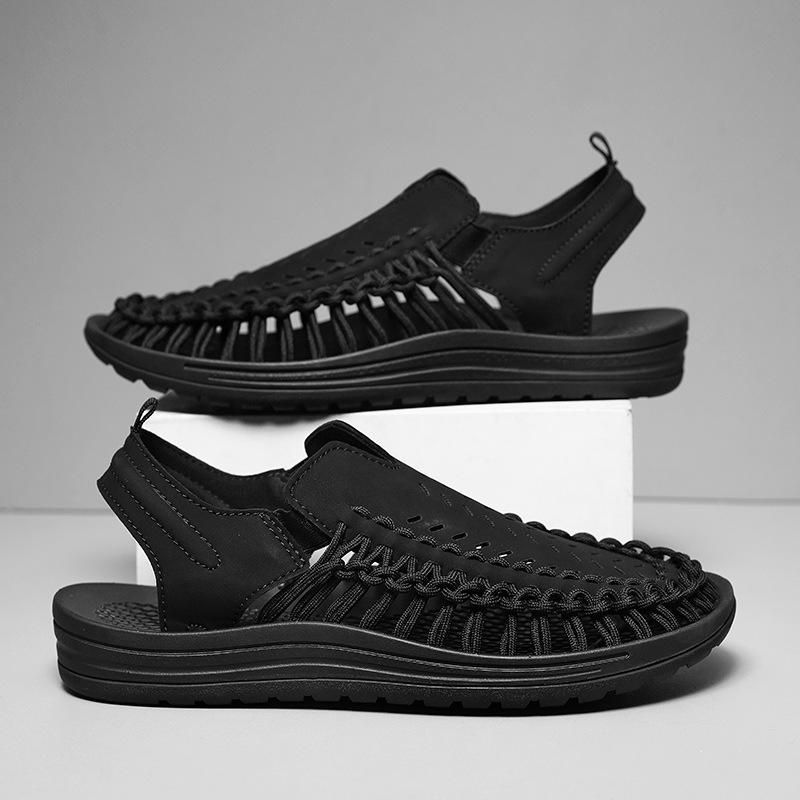 Sandals men's 2026 hollow breathable beach shoes men's woven personalized soft sole one-pedal men's shoes