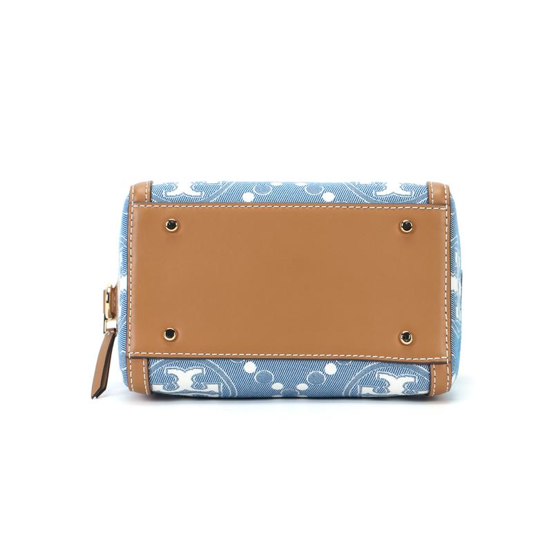 TORY BURCH Tang Libaiqi T Monogram zipper closure, fabric cow leather, barrel bag shoulder crossbody handbag, mini 159640-960-Denim blue and brown