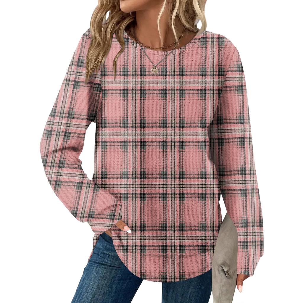 Женский повседневный топ свободного кроя с круглым вырезом и длинными рукавами в клетку