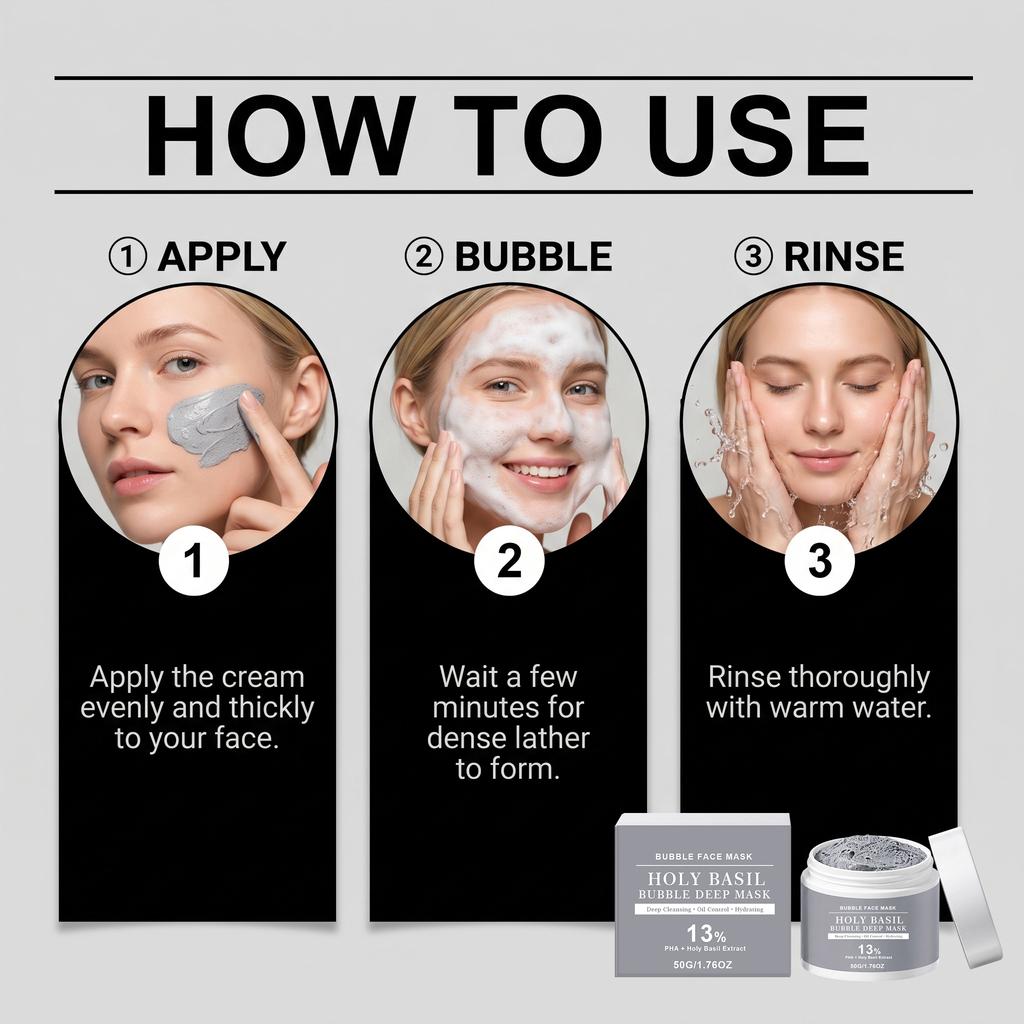 Bubble Cleansing Mask: Creates a rich, dense lather for a refreshing feel, balances oil production, and is suitable for combination and oily skin