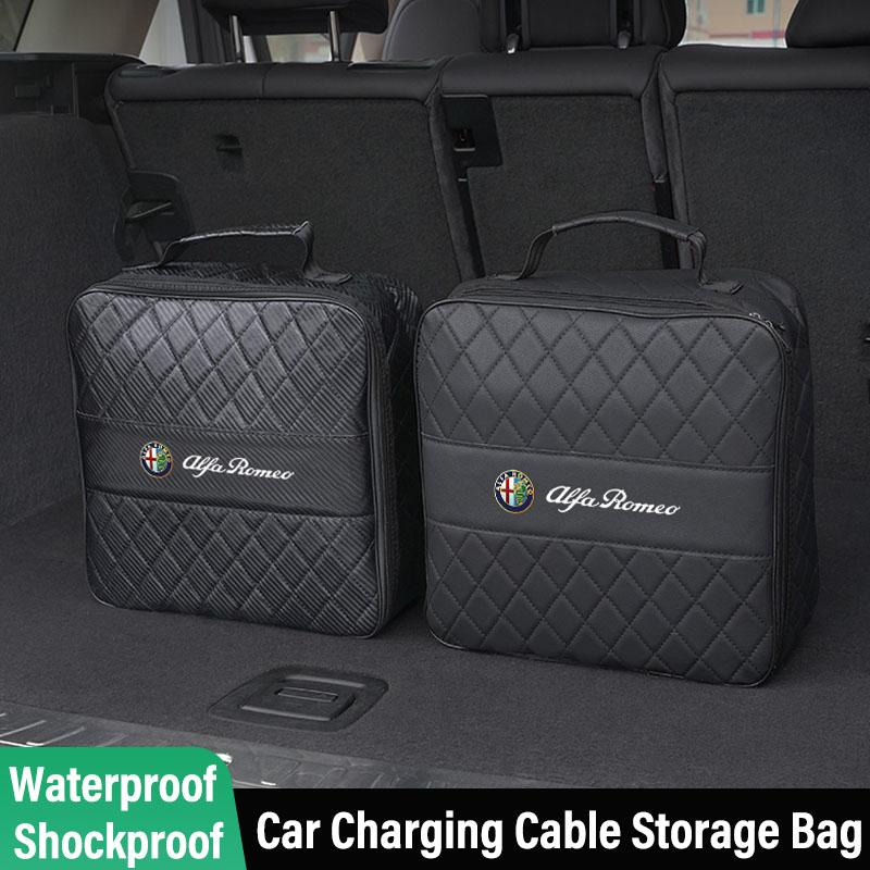 RYXA9 Leather Car Charging Cable Storage Box New Energy Charger Portable Bag For Alfa Romeo 4C 159 166 Spider Giulia Giulietta 156 GT