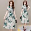 Summer Printed Polo Neck Dress for Women Lace Up A-line Dress Sweet Daily Casual Thin Dress