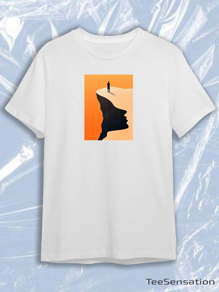 TeeSensation White Crew Neck Short Sleeve T-Shirt with Man on Cliff Edge Forming Face Profile Orange Sunset Optical Illusion Print