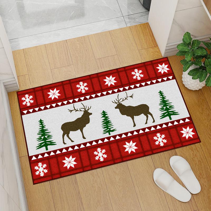 Red Coral Fleece Christmas Floor Mat with Santa Claus and Tree Design