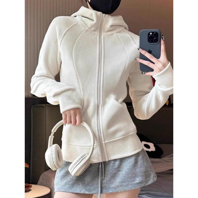 Осень Зима Однотонный Повседневный Модный Свитшот на Молнии Женский Бархатный Простой Универсальный Кардиган Пальто Топ