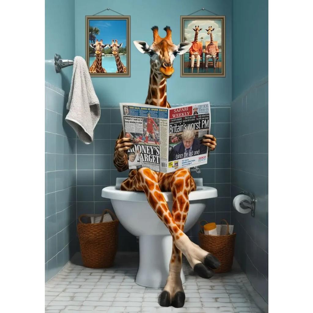 Собака Обезьяна Шотландская Корова Сидят на Туалете Читают Газету Постер Животный Принт Холст Картина Забавный Декор Стены Ванной