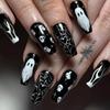 Halloween Press On Nail Medium-length False Nails White Ghost Skull Head Fingernails Fake Holiday Prosthetic Nail Set