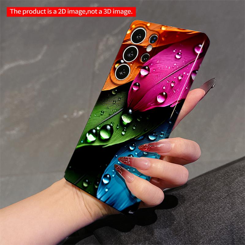 2DFlat Samsung phone case Vibrant Feathers with Dew Drops Applicable to Galaxy S22 S23 S24 S25ULTRA S26 A12 A13 A14 A15 A16